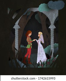 Prince and Princes fairy tale book cover illustration. Couple of character in front of magic forest.