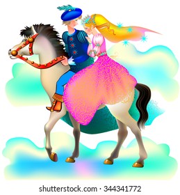 Prince and princes riding on horse, vector cartoon image.