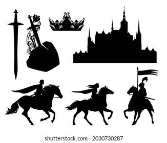 prince, princess, castle and crown with sword outlines - fairy tale scene design black and white vector silhouette set