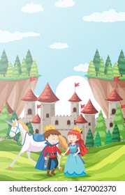 Prince and princess in castle scene illustration