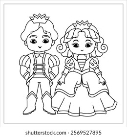 Prince and Princess coloring page. Children book page.