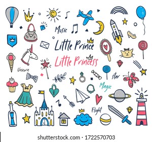 Prince princess cute doodle vector elements set. Baby girl and baby boy children background. Little princess and little princes sign. Children birthday icon set. Cartoon fairytale party background