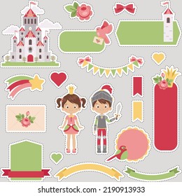 Prince And Princess Digital Stickers Set. Cute Collection Of Prince, Princess, Castle, Tags, And Labels. Ready To Use Digital Stickers For Children.