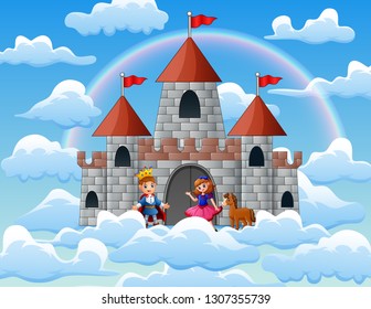 Prince and princess in a fairytale palace on the clouds