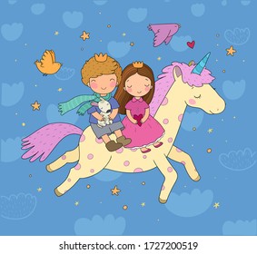 Prince and princess are flying on a unicorn. Cute cartoon kids and fairy pony.