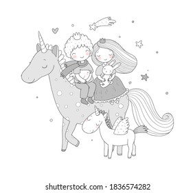 Prince and princess are flying on a unicorn. Cute cartoon kids and fairy pony.