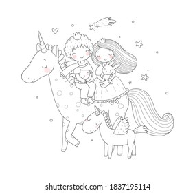 Prince and princess are flying on a unicorn. Cute cartoon kids and fairy pony.