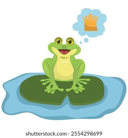 Prince or princess frog dreaming about crown. Vector illustration isolated on white background.