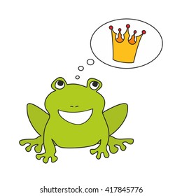Prince or princess frog dreaming about crown. Vector illustration isolated on white background