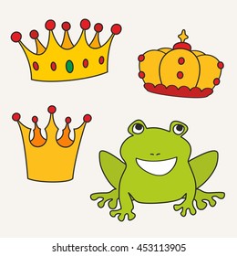 Prince or princess frog dreaming about crown. Vector illustration isolated on white background
