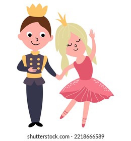 El príncipe con la princesa se toma de la mano. Fondo blanco, aislado. Ilustración vectorial. Estilo dibujado.