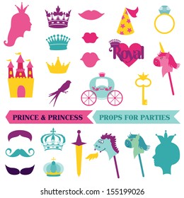 Prince And Princess Party Set - Photobooth Props - Crown, Mustaches, Masks - In Vector