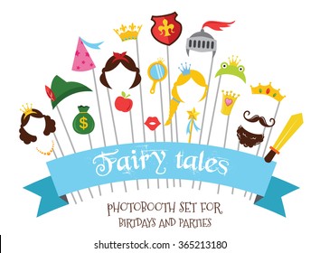 Prince And Princess Party Set - Photobooth Props With Mustaches, Wigs And Objects . Vector Illustration
