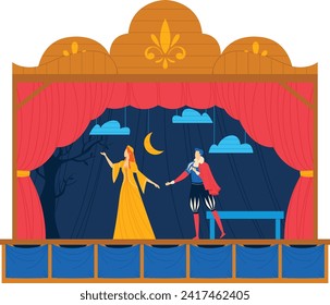 Prince and princess performing on stage in a fairytale play. Theater actors in medieval costumes acting. Fairytale performance and drama theater vector illustration.