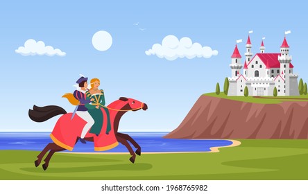 Prince and princess ride horse vector illustration. Cartoon horseman character riding to royal castle on mountain fantasy landscape, beautiful lady on horseback, fairytale love story background