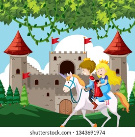 Prince and princess riding a horse illustration