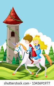 Prince and princess riding a horse illustration