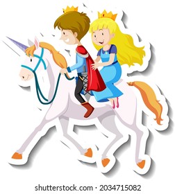 Prince and princess riding horse together cartoon sticker illustration