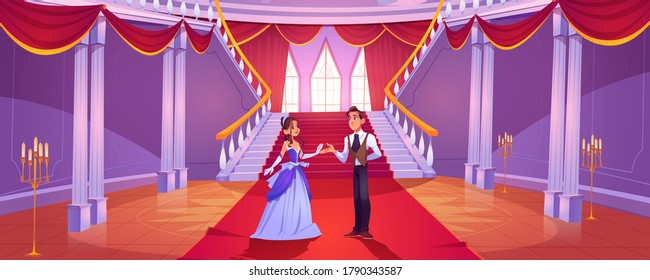 Prince and princess in royal castle hall. Vector cartoon background with couple in hallway in baroque palace with staircase, balustrade and columns. Romantic fairytale illustration