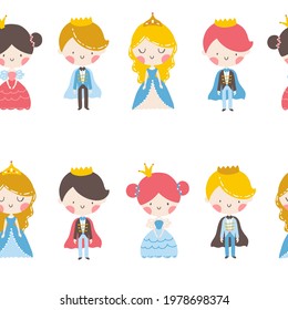 Prince and princess seamless pattern. Vector illustration of cute kids characters in simple hand-drawn cartoon style. The pastel palette is ideal for printing baby clothes, textiles