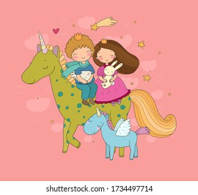 Prince and princess are sitting on a unicorn. Boy and girl ride a magic pony.