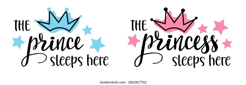 The Prince, Princess sleeps here handwritten lettering set. Phrases and emblems for baby stuff, nursery design, postcards, banners, posters, mug, scrapbooking, pillow case, photobook and clothes.