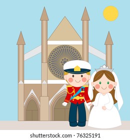 Prince and Princess standing in front of church after royal wedding