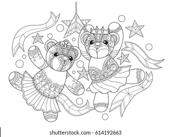 Prince and princess Teddy bears dancing. Zentangle stylized cartoon isolated on white background. Hand drawn sketch illustration for adult coloring book, zentangle design elements.