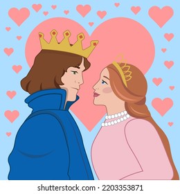 Prince and Princess vector illustration. Fairytale couple in love. Children's illustration, for print. Romantic story. King and queen with hearts. Couple looking at each other with love. 