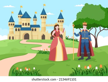 Prince and Queen in Front of the Castle with Majestic Palace Architecture and Fairytale Like Forest Scenery in Cartoon Flat Style Illustration