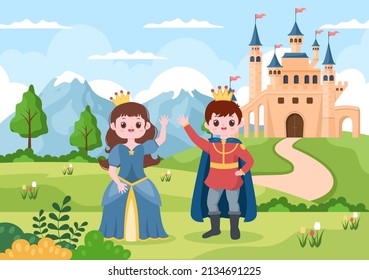 Prince and Queen in Front of the Castle with Majestic Palace Architecture and Fairytale Like Forest Scenery in Cartoon Flat Style Illustration