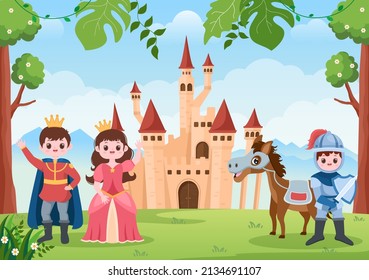 Prince, Queen and Knight with Horse in Front of the Castle with Majestic Palace Architecture and Fairytale Like Forest Scenery in Cartoon Flat Style Illustration