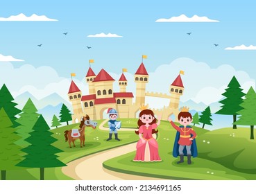 Prince, Queen and Knight with Horse in Front of the Castle with Majestic Palace Architecture and Fairytale Like Forest Scenery in Cartoon Flat Style Illustration