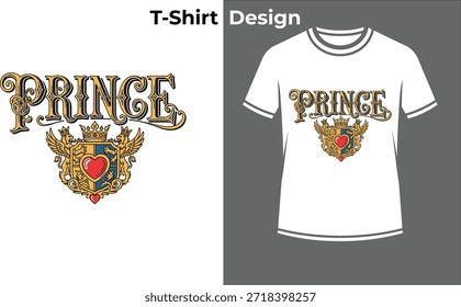 Ilustração do vetor da t-shirt da tipografia do Príncipe Real, design de texto de luxo com coroa e escudo para fantasia, conto de fadas e temas da monarquia.