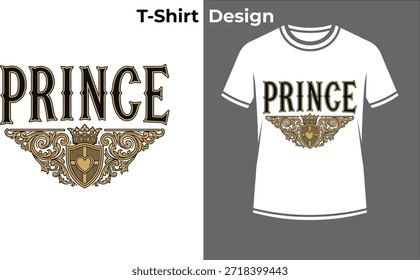 Prince royal tipografia t-shirt vetor ilustração, vintage projeto de texto com escudo crista para o reino de fantasia, monarquia, e história.