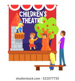 Prince Saving Princess From The Tower Scene Performed By Kids In Amateur Theatre With Other Pupils Watching With Teacher