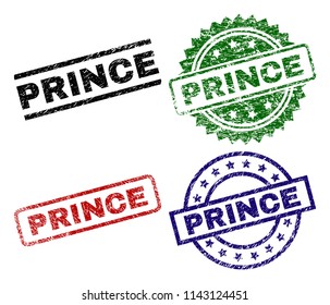 PRINCE seal imprints with corroded surface. Black, green,red,blue vector rubber prints of PRINCE title with corroded surface. Rubber seals with circle, rectangle, medallion shapes.