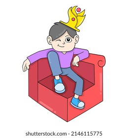 the prince is sitting on the sofa wearing a golden crown, vector illustration art. doodle icon image kawaii.