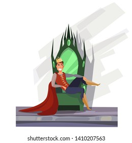 Prince Sitting On Throne Flat Vector Illustration. Young Man In Mantle And Crown Cartoon Character. Egotistical King On Green Royal Chair. Antique Style Wingback Armchair. Fairytale Bewitched Throne