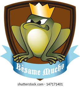 The prince toad. Located on shield, scroll with the words in Spanish: "Beame Mucho". Translation from Spanish: "kiss me so much"