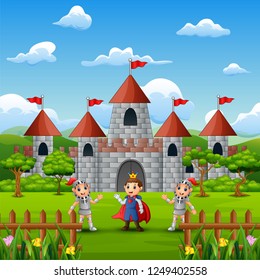 A prince and two knight in front of the castle