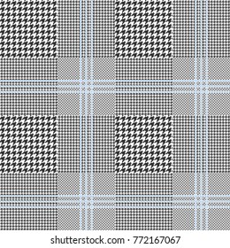 Prince of Wales check, classic black and white with triple blue overcheck. Glen plaid pattern. Seamless vector print. 