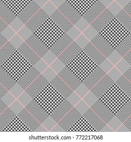 Prince of Wales check in classic black and white with red overcheck. Glen plaid. Seamless vector print. 