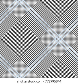 Prince of Wales check in classic black and white with triple blue overcheck. Glen plaid. Diagonal pattern. Seamless fabric texture print.