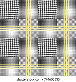 Prince of Wales check in classic black and white with triple yellow overcheck . Glen plaid pattern. Seamless vector texture. 