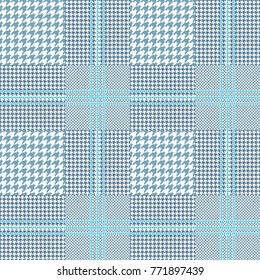 Prince of Wales check in dusty blue and white with azure overcheck. Glen plaid. Seamless pattern. 