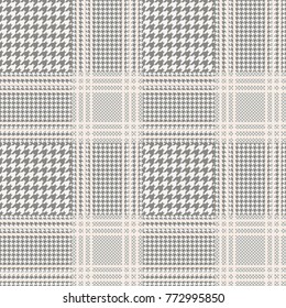 Prince of Wales check in taupe and white with beige overcheck. Glen plaid. Seamless fabric texture print.