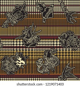 Prince of wales fabric with tattoos  old school abstract glen plaid vector seamless pattern wallpaper