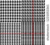 Prince of Wales / glen plaid patten in classic black and white with red overcheck. Seamless fabric texture.