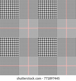 Prince of Wales / glen plaid patten in classic black and white with red overcheck. Seamless fabric texture.